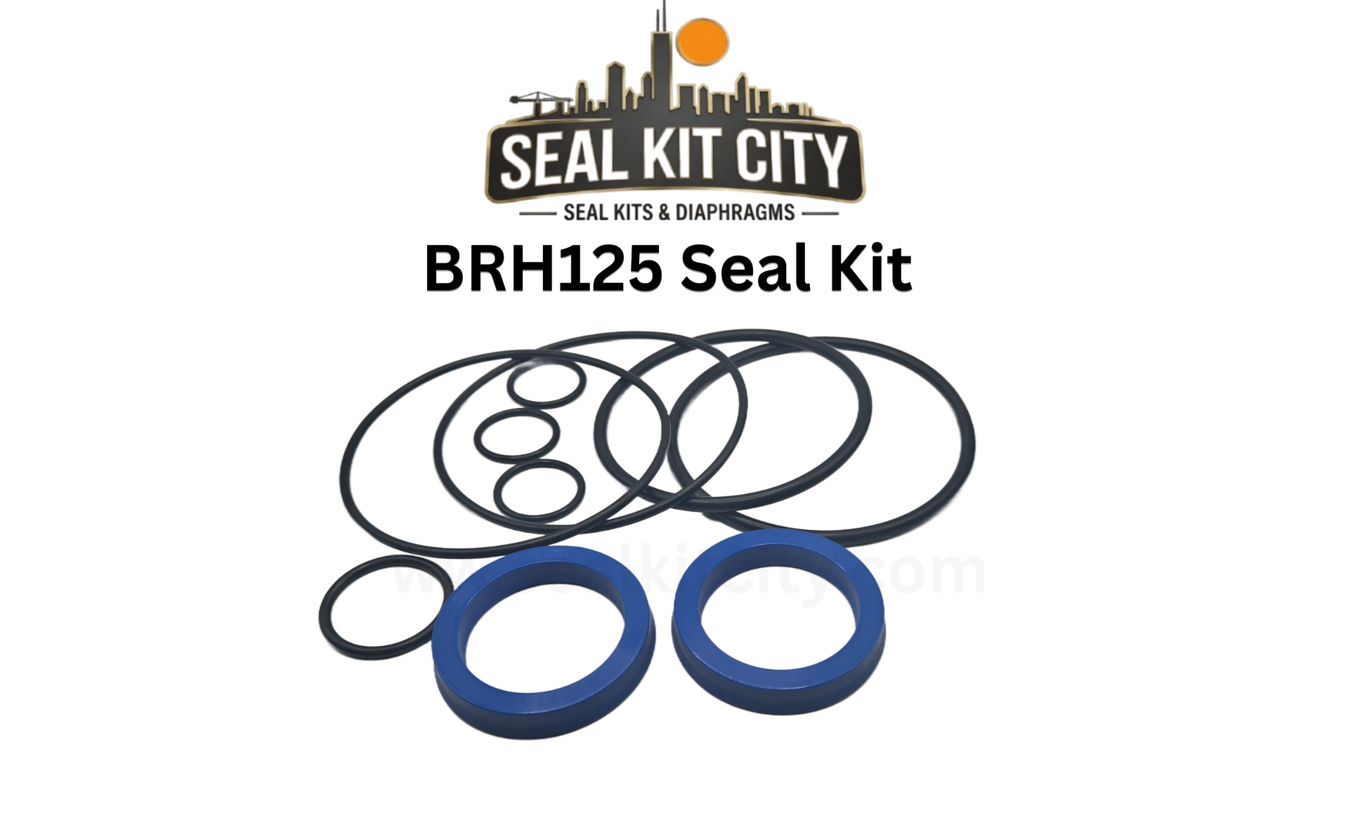BRH125 Seal Kit by Seal Kit City, containing various black rubber O-rings and two blue seals, displayed on a white background with the brand logo at the top.